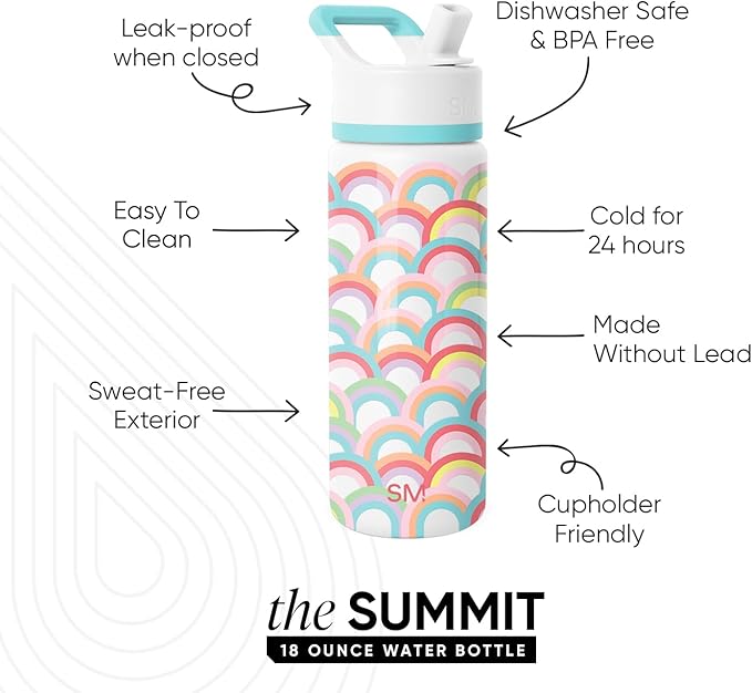 Simple Modern Kids Summit Water Bottle with Straw Lid | 18oz Stainless Steel Cup Insulated Tumbler for Toddlers, School | Rainbow Spark