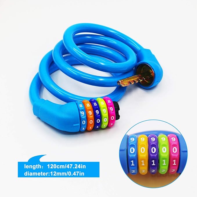 Bike Locks Cable - 4 Feet Resettable Cable Lock - Self Coiling 5 Digit Combination Bicycle Lock (Blue) …