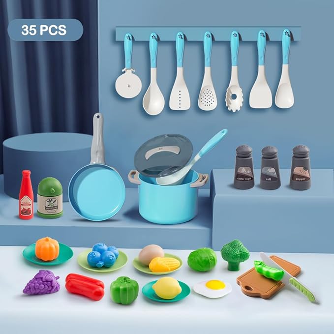 35Pcs Kids Kitchen Toy Accessories, Toddler Pretend Cooking Playset with Play Pots, Pans, Utensils, Cookware, Play Food Set, Toy Vegetables, Learning Gift for Girls & Boys (Turquoise)
