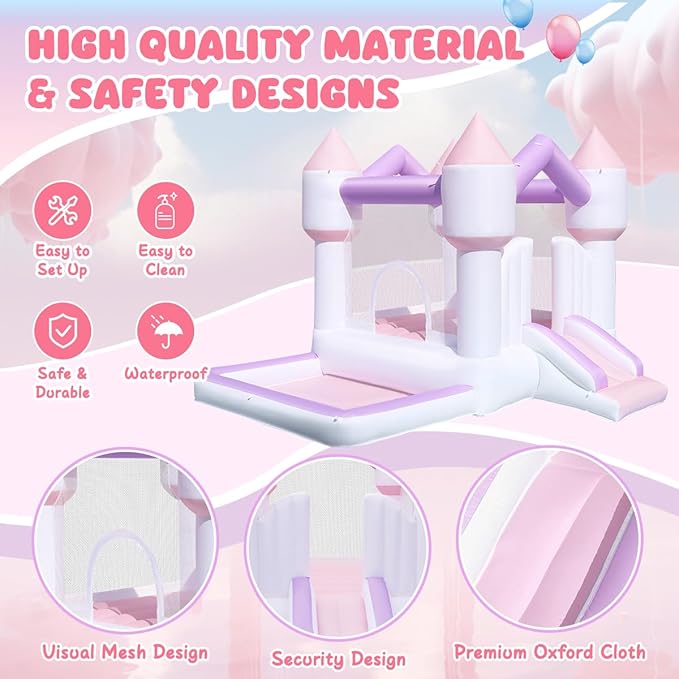 Inflatable Bounce House for Kids, White Bounce House with Slide, Jumping Bouncy Castle for Kids Birthday Party, Wedding, Backyard Indoor/Outdoor Purple (with Blower)