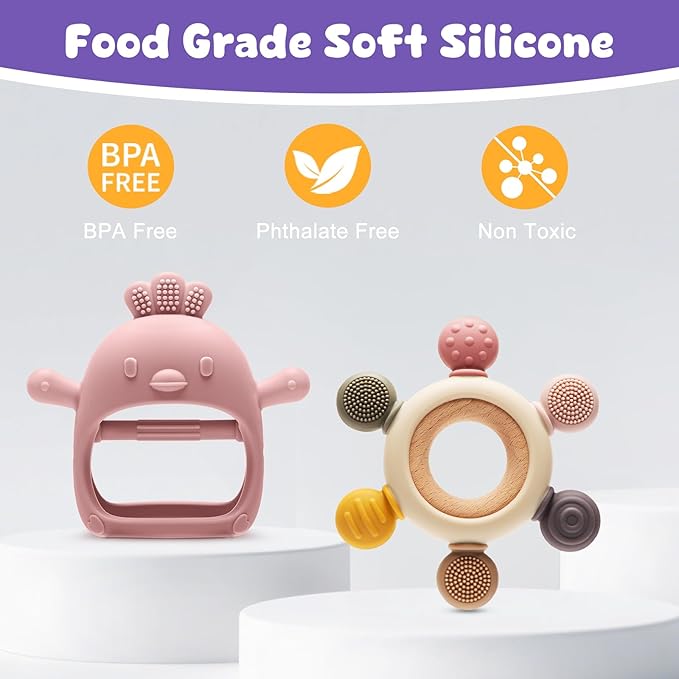 2 Packs Baby Teething Toy for 3-6 6-12 Months, Teether Mitten & Silicone Rudder with Wooden Ring, Food Grade Silicone, BPA-Free, Baby Chew Toys for Sucking Needs