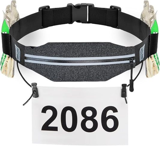 RJ-Sport Triathlon Belt with Pouch - Race Number Bib Holder with 6 Gel Loops, Ideal for Running, Cycling & Marathon (Grey)