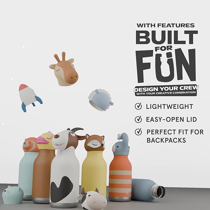 asobu Bestie Bottle Insulated Stainless Steel Water Bottle with Detachable Soft Animal Head Fun Drinking For Kids and Teens with Flexible Reusable Straw 16 Ounce (Koala)