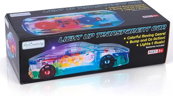 ArtCreativity Light Up Transparent Sensory Car Toy for Kids, 1PC, Bump and Go Toy Car with Colorful Moving Gears, Music, and LED Effects, Easter Toys for Toddlers, Great Birthday Gift Idea