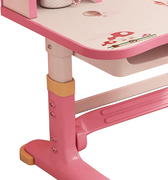 Kids Ergonomic Desk and Chair Set, Height Adjustable School Study Table with Bookshelf, Drawer and Spine Support Backrest, Kids Desk and Chair for Bedroom&Study Room (Pink C)