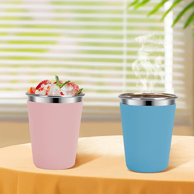 Stainless Steel Kids Cups with Lids and Straws Leakproof, 2 Pack 12oz Spill Proof Cups for Toddlers Kids Tumblers Unbreakable Sippy Cup with Straws for School, Outdoor (Blue & Pink)