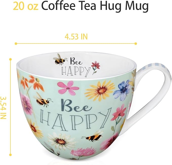 20 oz Bees & Flowers Coffee Hug Mug ,“Be Happy” Designed to Spread Joy, Premium Bone China, Perfect Holiday, Birthday, and Christmas Gift for Women, Designed in England by Harvest Green Studio