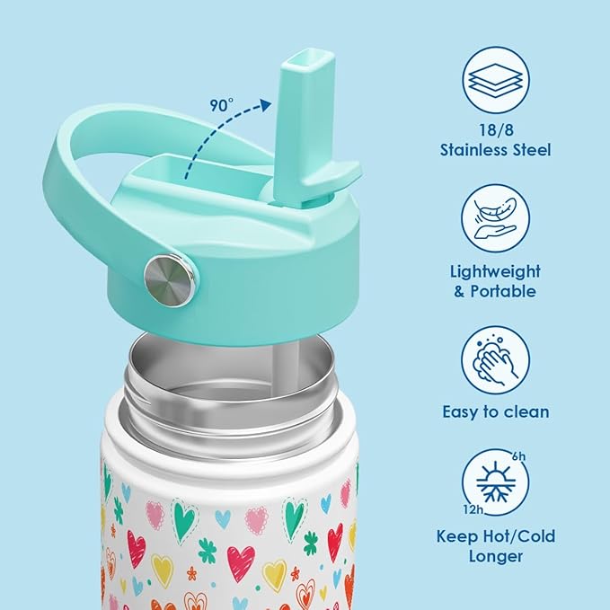 Kid Water Bottle 12oz with Straw Lid - 2-Pack Insulated Stainless Steel Water Bottles for Kids Girls - Travel Cup for School Sports, Bow & Heart