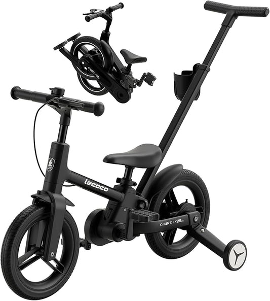 lecoco Upgraded Toddler Bike with Push Handle 6 in 1 for Kids, Balance Bicycle Toys with Training Wheels, Brackes, Cup Holder, Pedal, Kickstand Birthday Gift for Boys and Girls