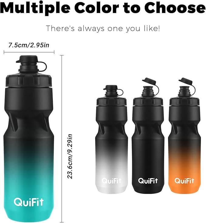 QuiFit Bike Water Bottle 2-Pack, 24oz Squeeze Bottles BPA Free, Leak Proof, Reusable Sport Jug with Dust Cover, Fit Most Bike Holders, for Cycling, Gym, Camping, Hiking(Black+Black, 24oz)