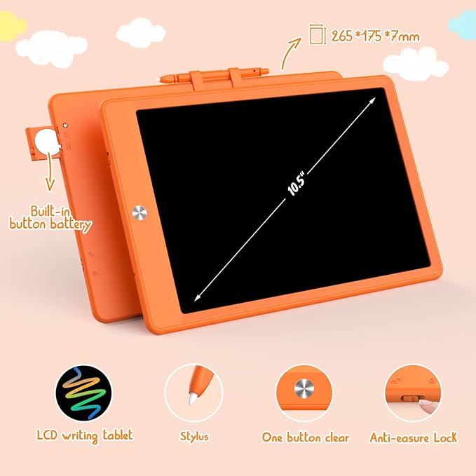 LCD Writing Tablet Doodle Board, Colorful Drawing Pad, Electronic Drawing Tablet, Drawing Pads,Travel Gifts for Kids Ages 3 4 5 6 7 8 Year Old Girls Boys (10.5 inch, Orange)