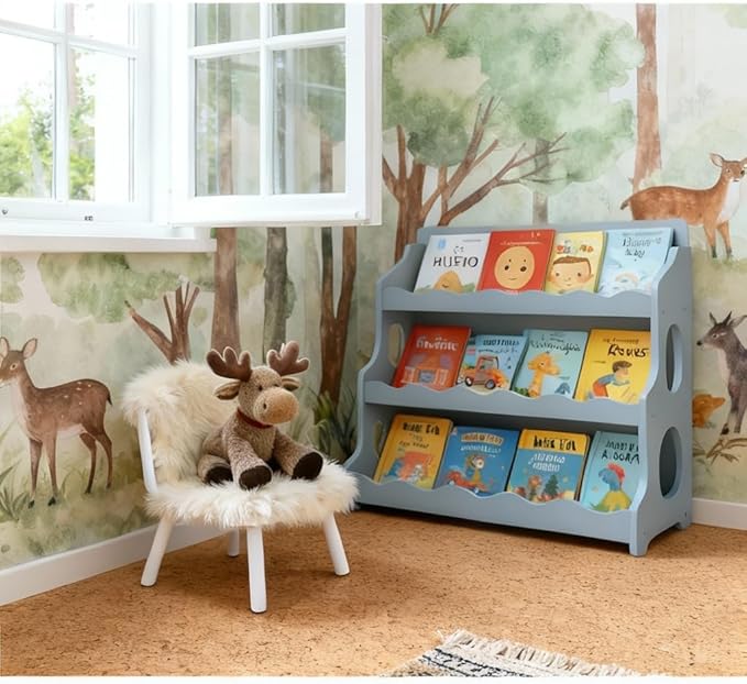 Kids Bookshelf Wooden Montessori Book Shelf Dutch Design 3Tier Scalloped,TranquilGrey
