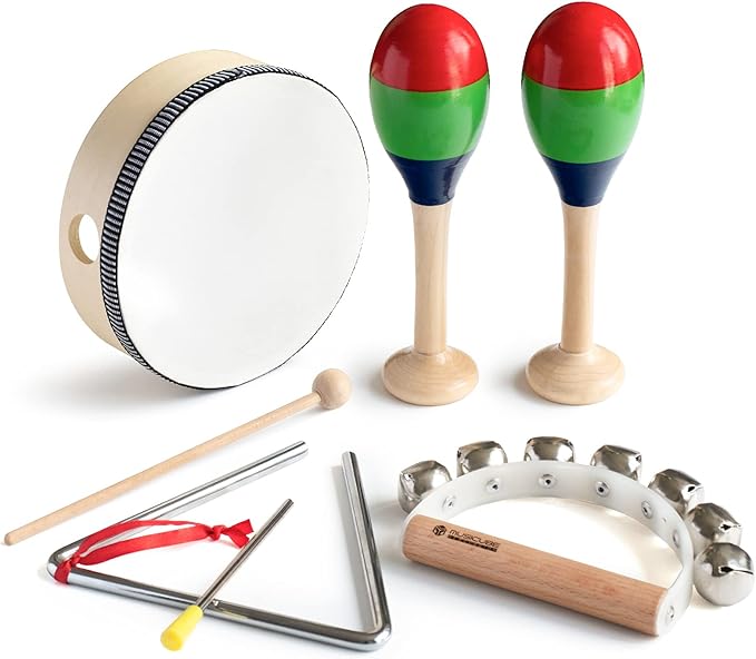 MUSICUBE 7 Pcs Musical Instrument Toys Set for Kids Wooden Percussion Instrument with Hand Drum, Maracas, Triangles, Hand Bell Educational Instrument for Toddler Birthday Gift for Boys Girls Aged 3+