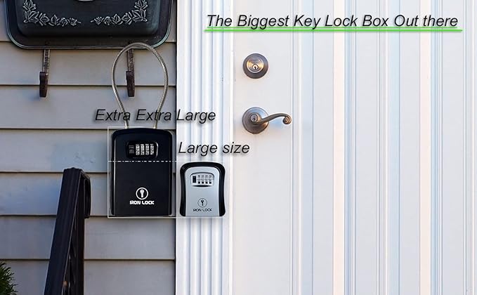 Iron Lock® XXL Portable Key Lock Box and Wall Mounted with Removable Cable Shackle Waterproof Indoor Outdoor 4 Digit Combo Resettable Code with A B Switch Extra Large Key Lockbox Outside (XXL, Black)