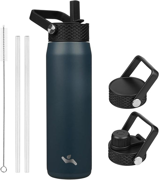 25oz Insulated Stainless Steel Water Bottle with Straw and 3 Lids, BPA-Free Sports Water Bottle,travel water bottle,Navy Blue