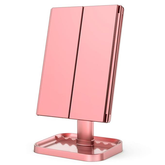 HUONUL Makeup Mirror Vanity with Lights, 2X 3X 10X Magnification, Touch Control, Trifold Mirror, Dual Power Supply, Gifts for Women, Wife, Mom, Teengirls(Rose Gold)