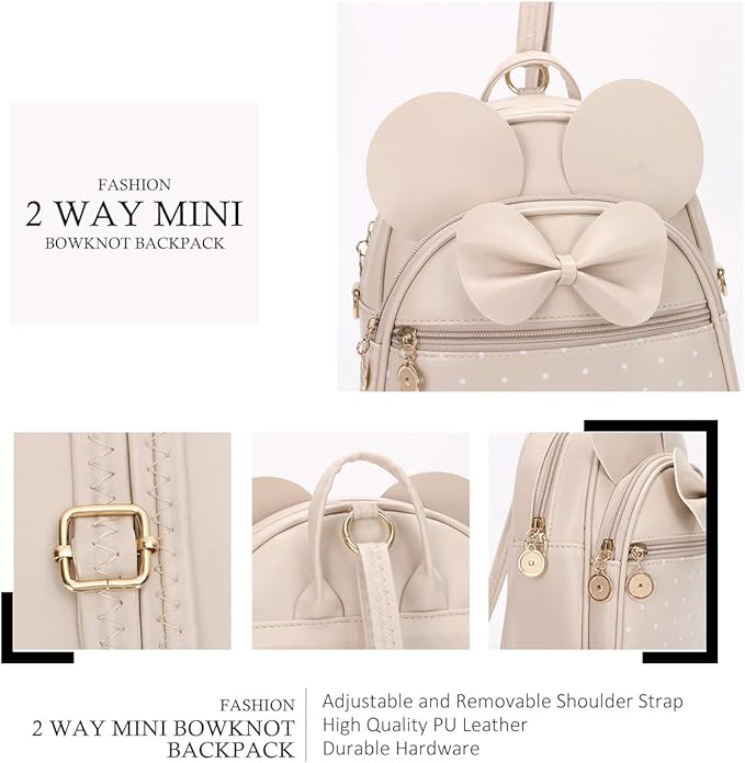 KL928 Girls Mini Backpack Bowknot Polka Dot Cute Small Daypacks Convertible Shoulder Bag Purse for Women