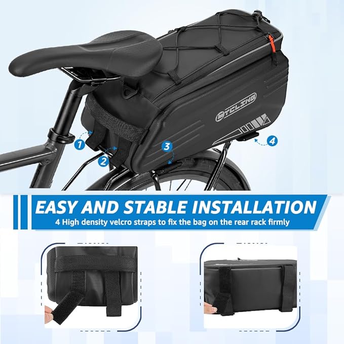 WOTOW Bike Rear Rack Bag - 10L Hard Shell Waterproof Bike Trunk Pannier with Shoulder Strap, Reflective Bicycle Rear Rack Saddle Seat Bag for Travel Outdoor Cycling Ebike Accessories