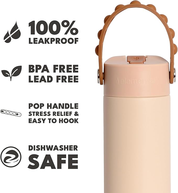Elemental Insulated Kids Water Bottle, Stainless Steel Water Bottle with Straw Lid & Pop-It Handle, Leak-Proof Water Bottles for School, Boys or Girls, Travelling and Sports, 18oz - Beige