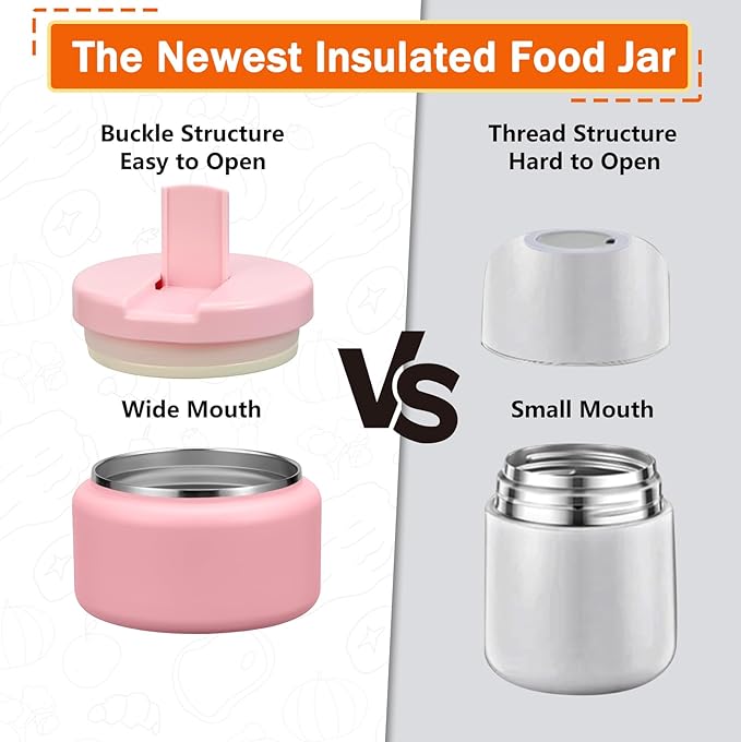 13.5oz Kids Jar for Hot Food, Insulated Vacuum Food Jar with Buckle Lid, Stainless Steel Wide Mouth Leak Proof Insulated Lunch Container for School Picnic Travel,Pink