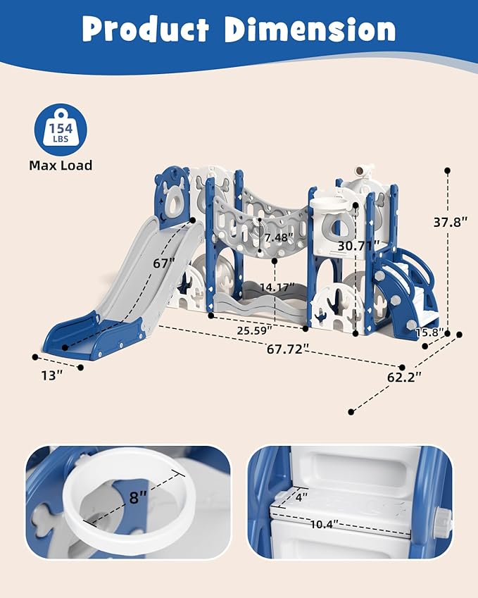 XJD Toddler Slide,11 in 1 Kids Slide for Toddlers 1-3, Toddler Climbing Toys,New Upgrade with Golf Set, Basketball Hoop for Indoor Outdoor Playset (Blue)