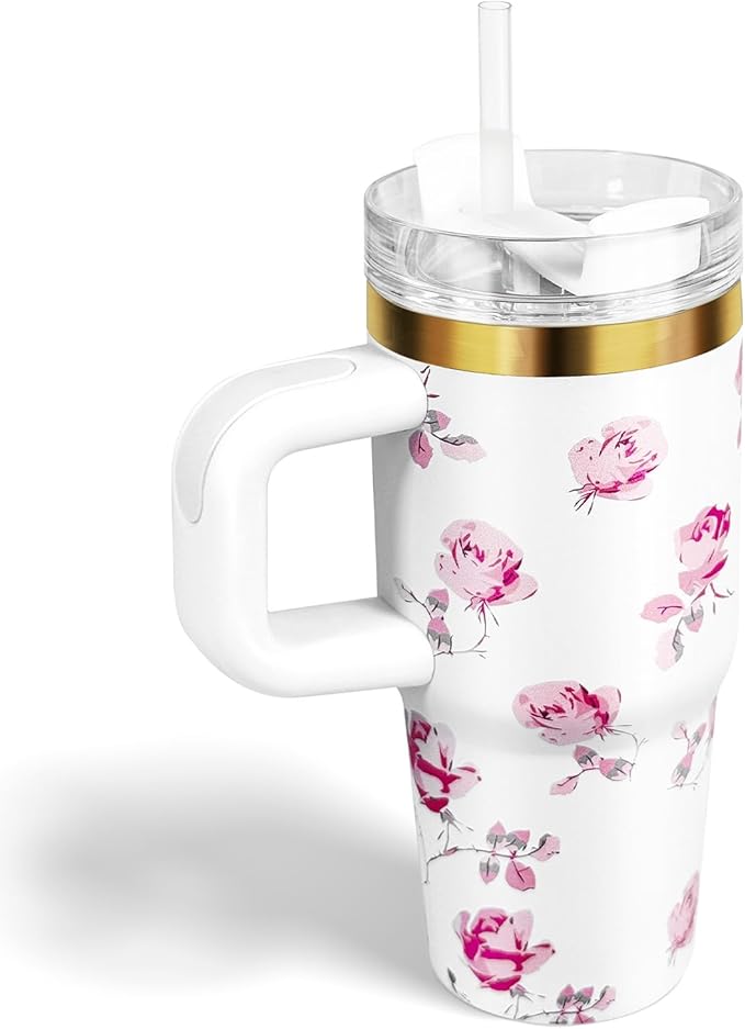 14 oz Tumbler with Handle and Straw, 14oz Toddler Tumbler with Lid and Straw for Kids Stainless Steel Tumblers, Outdoor Sports Travel School Gift, Keeps Drinks Cold up to 24 Hrs(WhiteFlower)