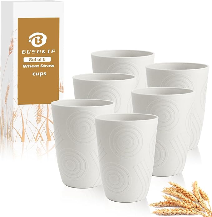 Drinking Glasses - Wheat Straw Cups Unbreakable Plastic Tumbler Set of 6 Alternative to Plastic Glasses Drinking Reusable Drinking Cup Dishwasher Safe Water Glasses Cups 12 OZ - White