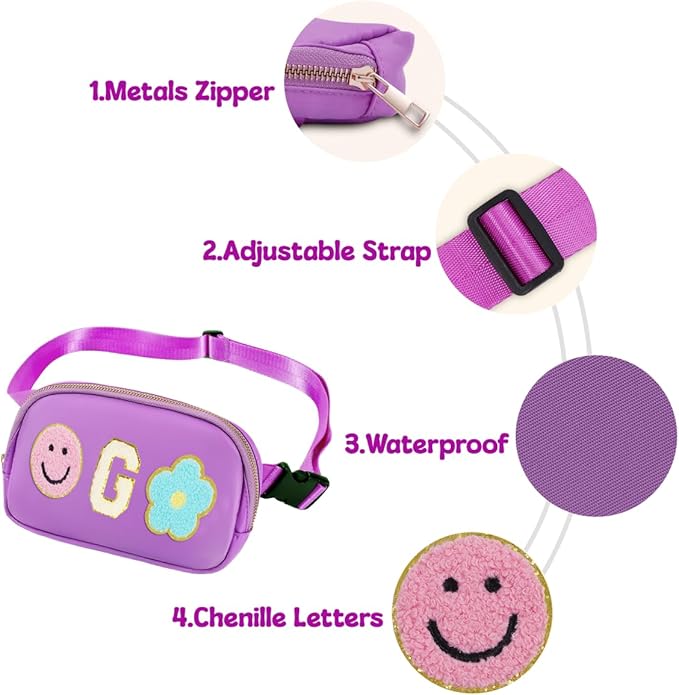 Fanny Pack for Girls Purple Kid Crossbody Bag Chenille G Letter Preppy Belt Bag, Christmas Birthday Easter Gifts for Teen Daughter Sister, Personalized Nylon Purse for 4 5 6 7 8 9 10 Year Old Girls