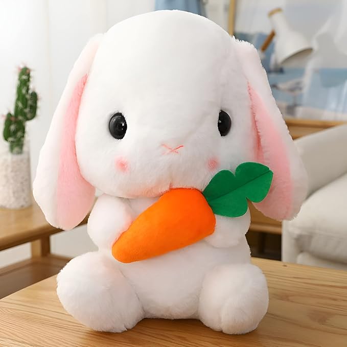 HOUPU Soft Toy - Sitting Lop Eared Rabbit, Easter White Rabbit Stuffed Bunny Animal with Carrot Soft Lovely Realistic Long-Eared Standing Pink Plush Toys (White-Carrot,29.5in/75cm)