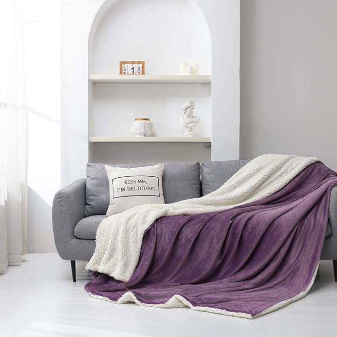 NANPIPER Throw Blanket Reversible Sherpa Flannel Bed Blanket Super Soft Fuzzy Plush Fleece Microfiber (90"x90" Cassis Purple) Queen
