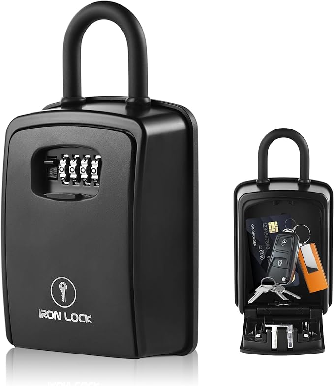 Iron Lock® XXL Portable Key Lock Box and Wall Mounted with Removable U-Shackle Waterproof Indoor Outdoor 4 Digit Combo with Resettable Code with A B Switch Extra Large Key Lockbox Outside (XXL, Black)