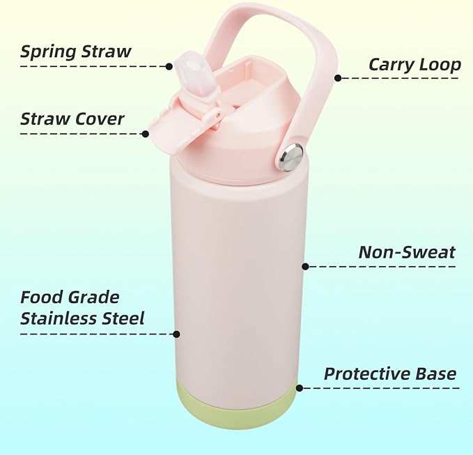 Insulated Water Bottle with Straw Lid,18 oz Stainless Steel Vacuum Metal Bottle with Silicone Handle,Pearl