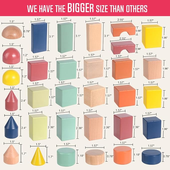 Migargle Large Wooden Building Blocks for Toddlers - Educational Preschool Learning Toys with Storage Bag, Innovative Shapes & Variety Colors to Build More Combinations （48Pcs）
