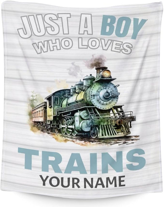 Personalized Train Blanket with Name - Soft, Fuzzy & Warm - 30"x40" Small Blanket for Couch, Office - White Cute Throw Gifts for Boys