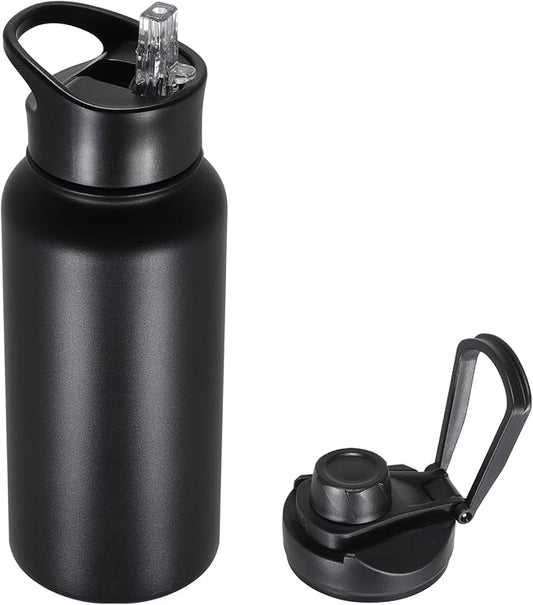 32 oz Insulated Water Bottle with Straw Lid & Wide Mouth Lids, Stainless Steel Sports Water Bottles, Double Walled Vacuum, Leak Proof, Black