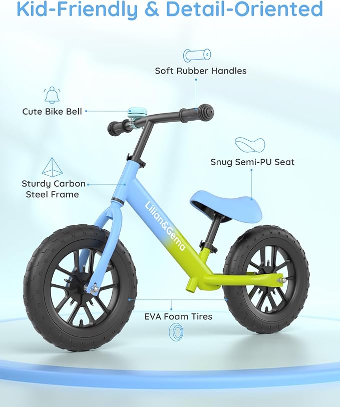 Lilian&Gema Toddler Balance Bike Colorful Lighting, 12'' Kids Balance Bike for 2-5 Years Old with Adjustable Seat & Handlebar, Toddler Gift Bike Suitable for Boys and Girls Ages 2 3 4 5