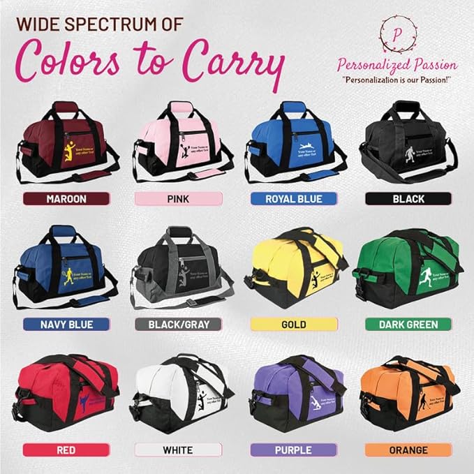 Personalized Passion 14” Small Sports Duffel Bags for Kids - Waterproof Travel Duffle with Name & Gymnastics Design - Red Two-Toned Kids Weekender Bag for Boys and Girls