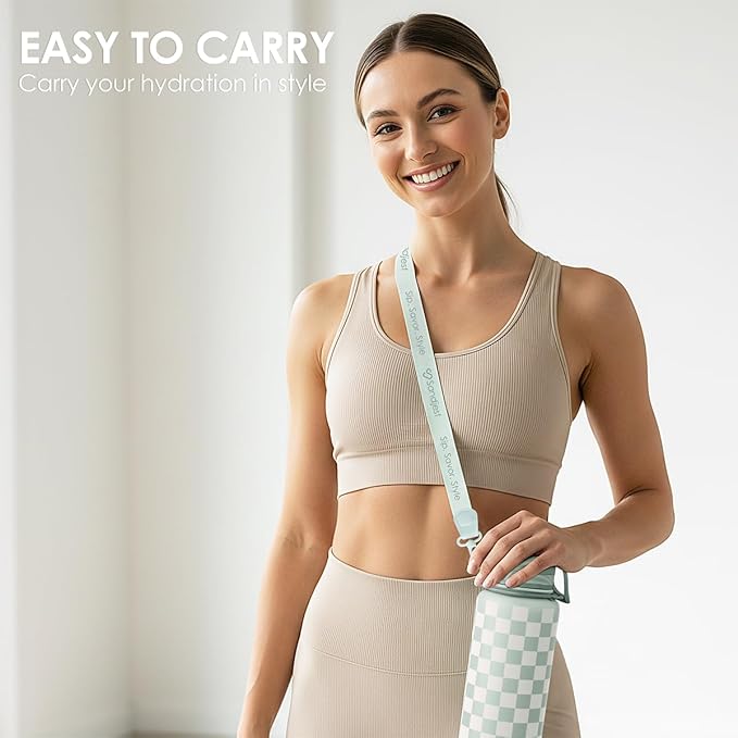 SANDJEST Checker Stainless Steel Water Bottle with Strap 32oz, Insulated Bottles with Straw and Spout Lid for Gym Sports Travel Outdoor, Gifts for Women Girls Birthday Christmas