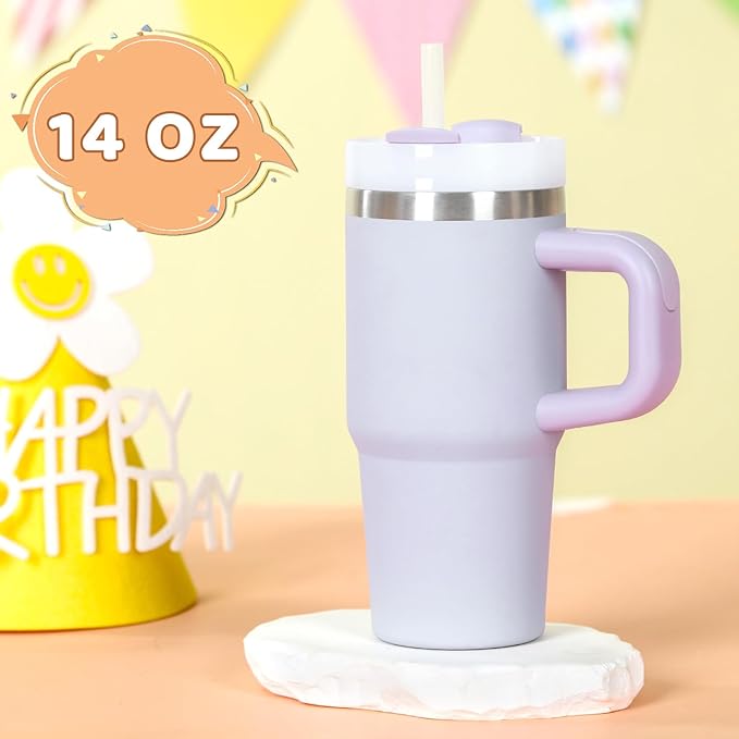 Cosictic 14 Oz Tumbler with Handle and Straw for Kids, Stainless Steel Double Wall Vacuum Insulated Cup for Children, 14 Oz Cups for Kids (Sky Blue, Purple)