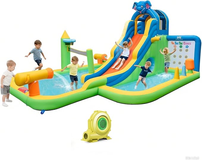 BOUNTECH Inflatable Water Slide, Elephant Surfing Slide Kids Water Park Jump Bouncy Castle w/Blower, 2 Splash Pools, Hide&Seek Cave, Outdoor Water Slides Inflatables for Big Kids Backyard Party Gifts