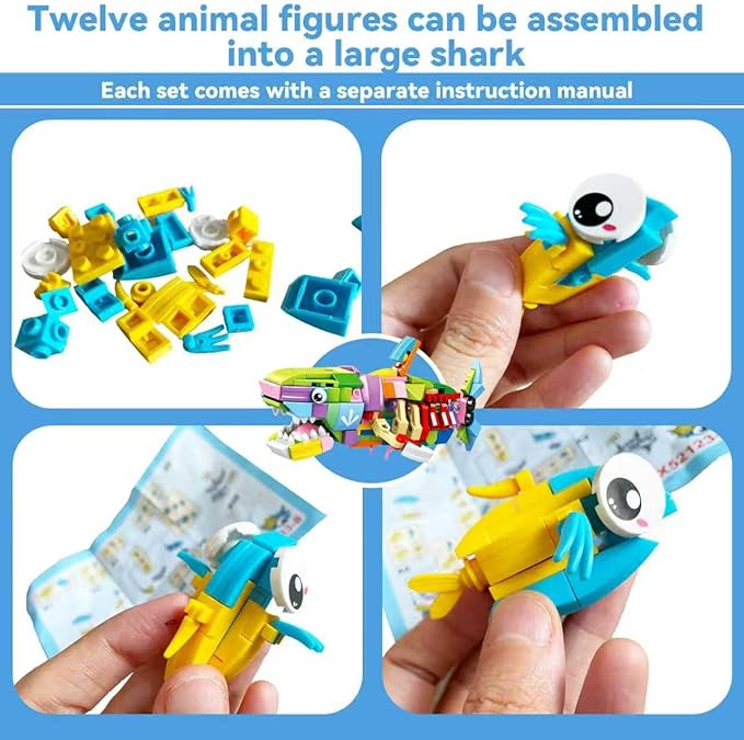 Marine Animal Building Blocks Set, 12-in-1 Ocean Creatures Shark Toy, Creative Party Favors for Kids, Classroom Prizes, Birthday Gifts for Boys & Girls (12 Pack)
