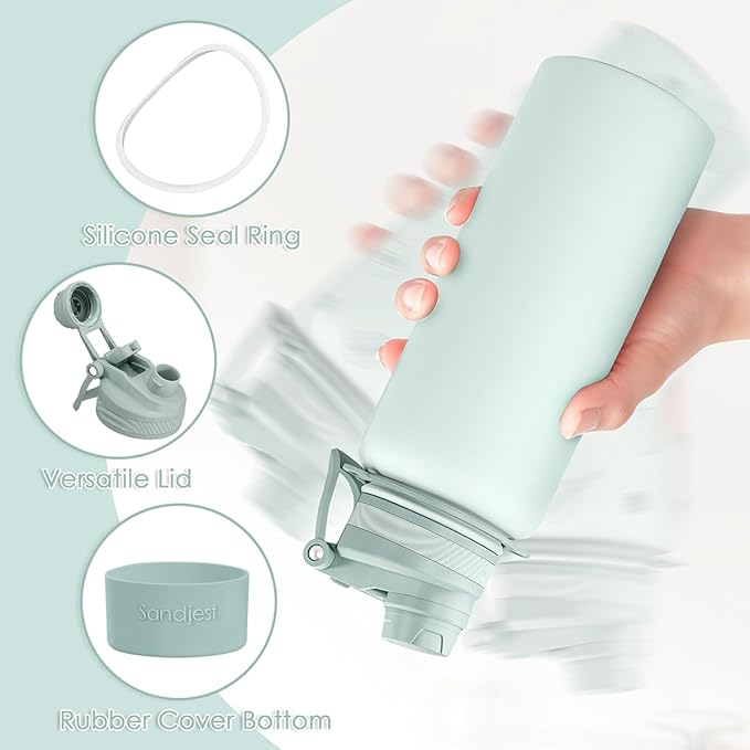 SANDJEST Stainless Steel Water Bottle with Strap 32oz, Insulated Bottles with Straw and Spout Lid for Gym Sports Travel Outdoor, Gifts for Women Girls Birthday Christmas (Green)