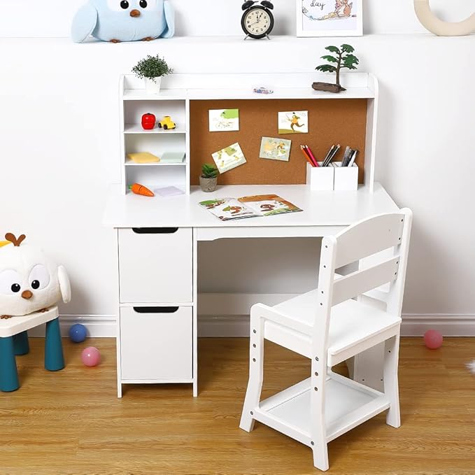 Garvee Kids Desk, Study Desk and Chair Set for Boys and Girl, Wooden Kids Writing Table with Bookshelf, Bulletin Board, and Cabinets for Ages 3-8