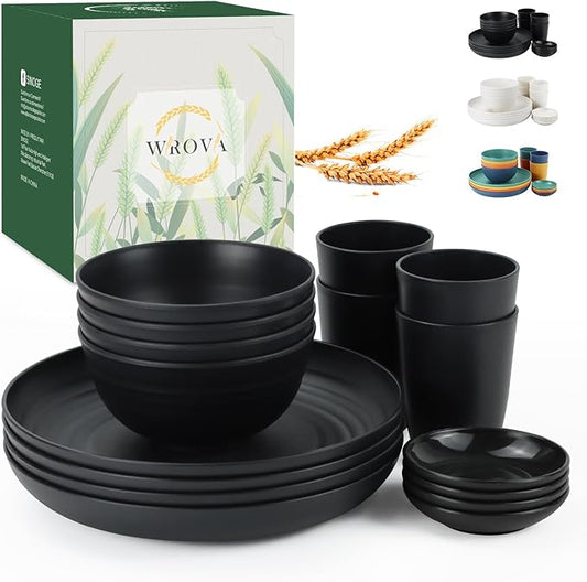 Wrova Wheat straw dinnerware sets of 16-10 inches plates,26oz bowls,2oz dipping bowls,12oz cups - Unbreakable plates and bowls sets microwave safe and dishwasher safe,service for 4. Black