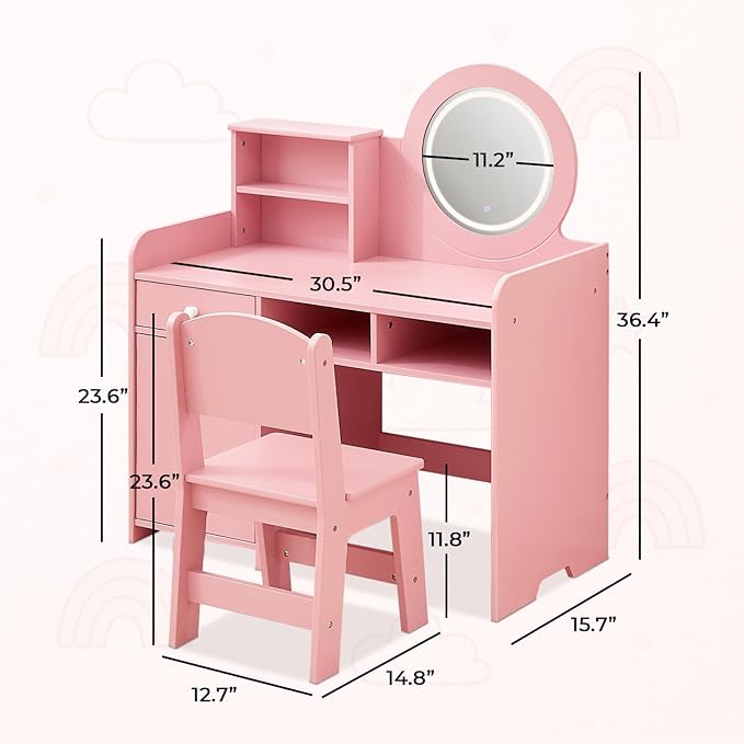 Toddler Vanity with Lighted Mirror, Kids Vanity Table and Chair Set with Open Bookshelf, Storage Cabinet & Shelves, Pink Dressing Table for Girls