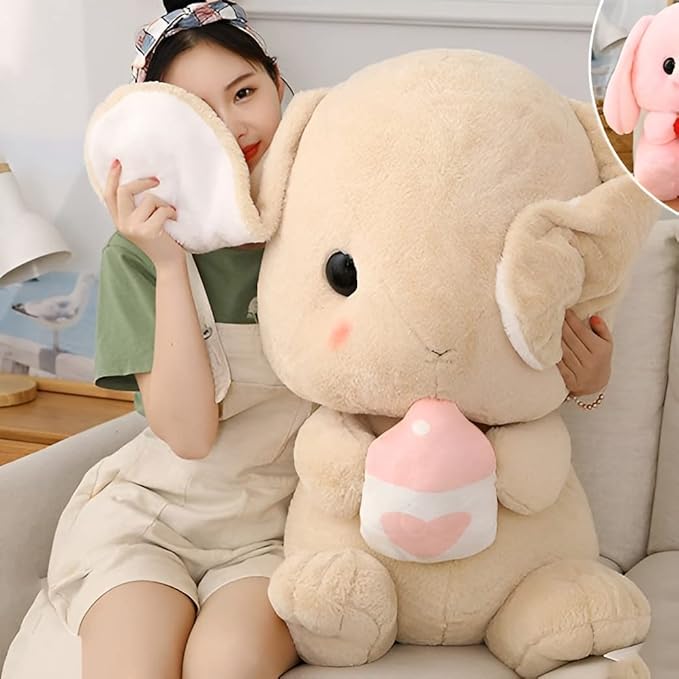 HOUPU Soft Toy - Sitting Lop Eared Rabbit, Easter White Rabbit Stuffed Bunny Animal with Carrot Soft Lovely Realistic Long-Eared Standing Pink Plush Toys (Brown-Milk Bottle,12.5in/32cm)