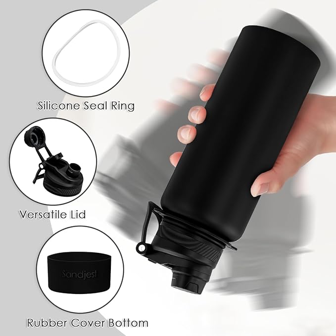SANDJEST Stainless Steel Water Bottle with Strap 32oz, Insulated Bottles with Straw and Spout Lid for Gym Sports Travel Outdoor, Gifts for Women Girls Birthday Christmas (Black)