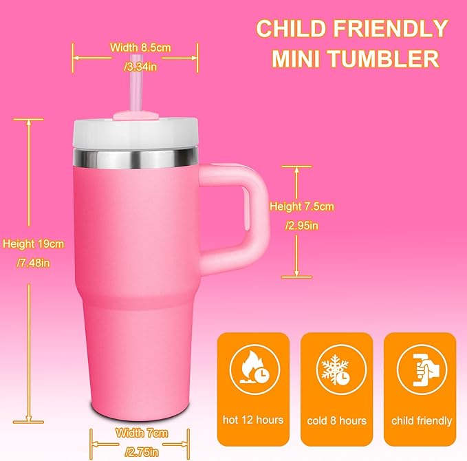 14 oz Tumbler with Handle and Straw, 14oz Toddler Tumbler with Lid and Straw for Kids Stainless Steel Tumblers, Outdoor Sports Travel School Gift, Keeps Drinks Cold up to 24 Hrs(Pink bow)