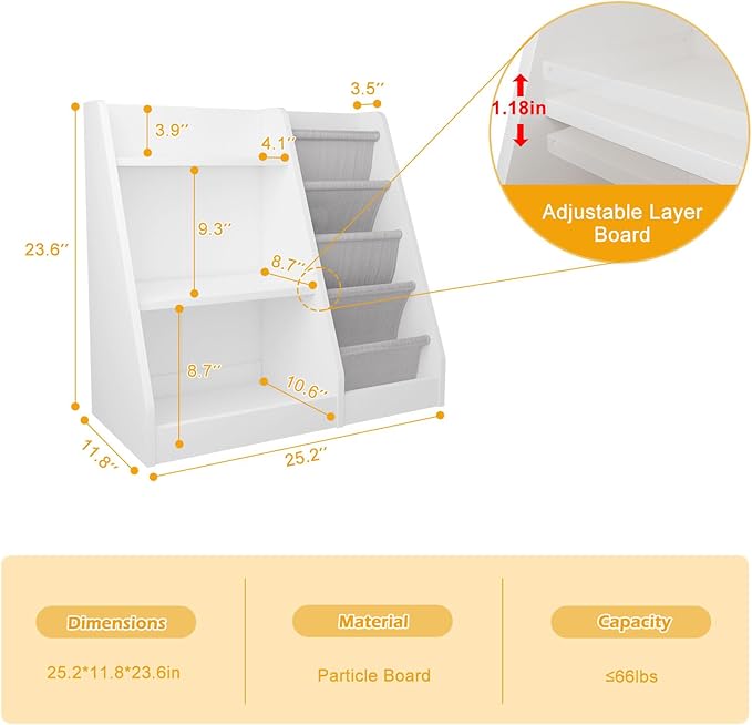 White Kids Bookshelf Wood Toy Storage Organizer Cabinet Children Bookcase Toddler Baby Sling Book Rack Adjustable Shelf for Playroom Bedroom Nursery Hallway School Kindergarten