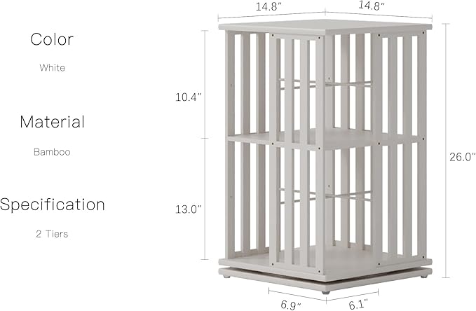 YOWOS Rotating Bookshelf Tower, 360 Display Spinning Bookcase, Bamboo Bookshelf Floor Standing Storage Rack, Wood Narrow Book Shelf Organizer for Kids&Adults (White, 2 Tier)